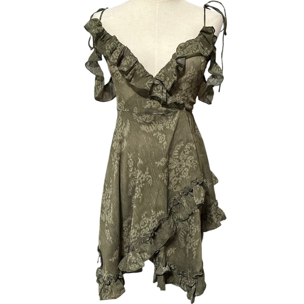 Current Mood Dolls Kill XXS 2XS Green Sheer Floral Chiffon Wrap Fairycore Dress